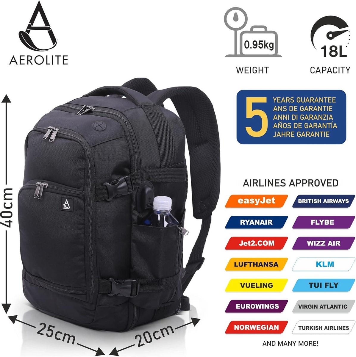Aerolite 40x30x20 Wizz Air Maximale afmetingen handbaggage met 5 jaar guarantee Opvouwbare handluggage Premium heaps Reistas Kleine lichtgewicht handluggage Onder de stoel Vlucht Reistas