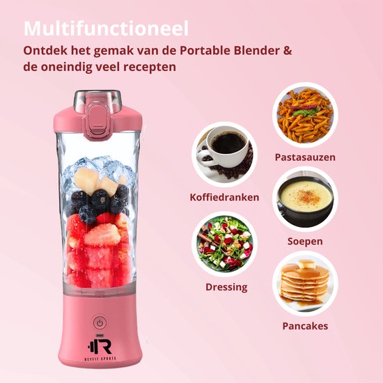 ReyFit Sports Draagbare Blender 600ML - Smoothie Maker - Ijsbreker - Blender to go - Portable Blender - Draadloos - USB Oplaadbaar - 280W - Roze van ReyFit — afbeelding 3