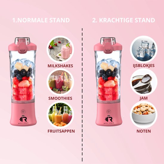 ReyFit Sports Draagbare Blender 600ML - Smoothie Maker - Ijsbreker - Blender to go - Portable Blender - Draadloos - USB Oplaadbaar - 280W - Roze van ReyFit — afbeelding 4