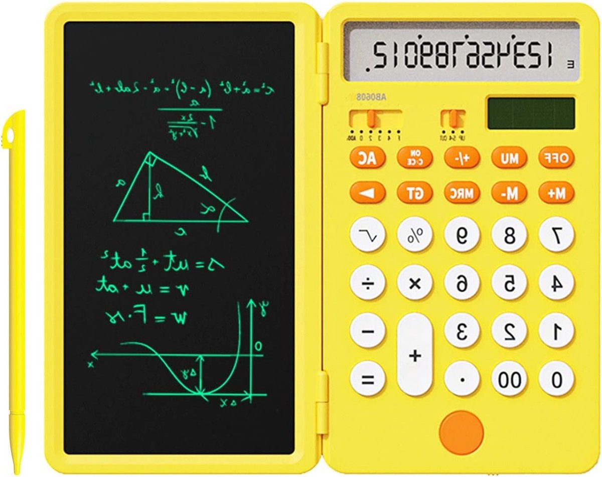 Verbeterde oplaadbare rekenmachine - 165 cm notitieblok - 12-cijferig - draagbaar - geel - voor kantoor en school