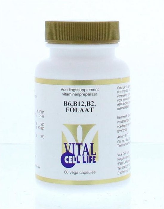 Witte capsule pot met gouden dop en gele/zwarte labeltekst: Voedingssupplement B6, B12, B2, FOLAAT, Vital Cell Life logo, 60 vega capsules.