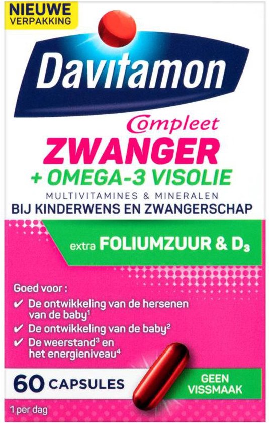 Davitamon Mama Compleet Zwanger Omega 3 Visolie met Foliumzuur - Multivitamine zwangerschap met vitamine D3 - 60 stuks zwangerschapsvitaminen