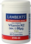Witte pot met blauw en rood etiket. Lamberts High Strength Vitamin K2 (MK-7) 90µg Vegan, 60 capsules.