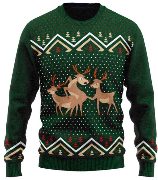 JAP Christmas Kersttrui (maat 3XL) - 100% Gerecycled - Kriebelt niet - Kerstcadeau volwassenen - Foute Kersttrui dames en heren XXXL - Drie neukende rendieren - Groen