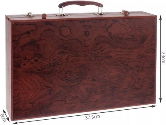 Gesloten houten kunstkoffer met afmetingen 37,5cm x 23cm x 8cm.