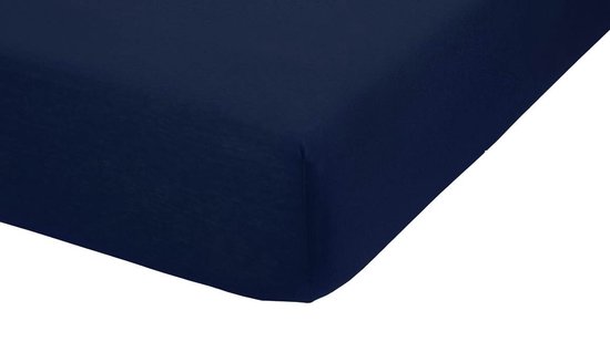 Donkerblauw jersey hoeslaken, zoom rechtsonder.