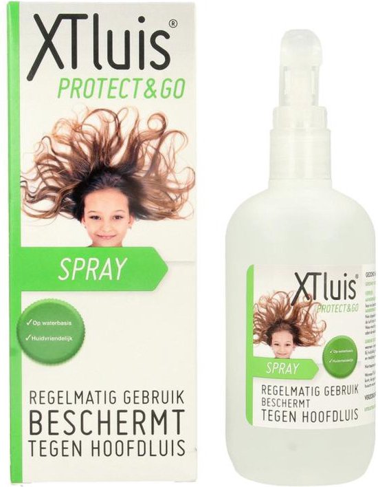 XTluis Protect & Go sprayfles en doos op witte achtergrond. Bevat afbeelding van meisje met bruin haar.