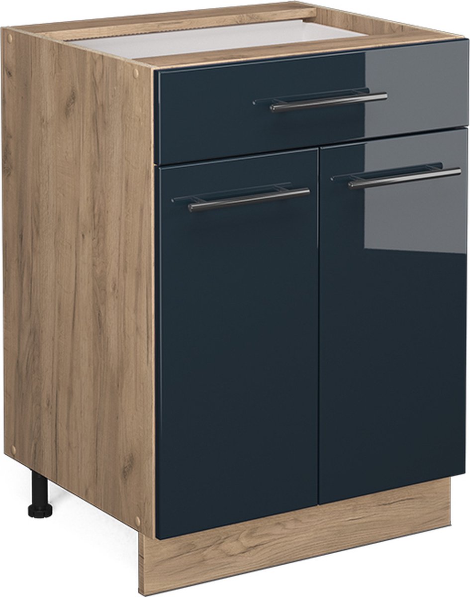 Vicco Fame-Line Keukenonderkasten – 60 cm met lade, WB Marmer Donkerblauw hoogglans Donkerblauw hoogglans/Goudkleurig Eiken