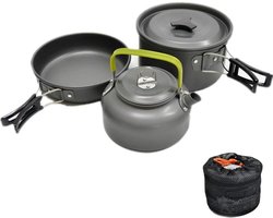 Opvouwbare camping kookgereiset voor 2-3 personen - pannenset met steelpan, pan en theepot voor buiten picknicken, kamperen en wandelvakanties camping pannenset