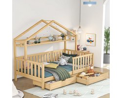 KOMHTOM Stapelbed 90x200 cm Kinderbed met laden en lattenbodem grenen Huisbed Natuurlijk