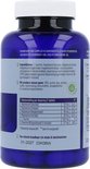 Achterkant van een blauwe pot met een wit deksel met een etiket waarop ingrediënten en voedingswaarde staan.