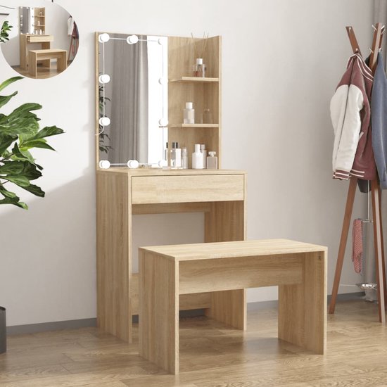 LBB Coiffeuse avec miroir et éclairage - Table de maquillage - Maquillage - Coiffeuse - Avec tiroirs - Banc - 60 x 40 x 140 cm - Chêne Sonoma