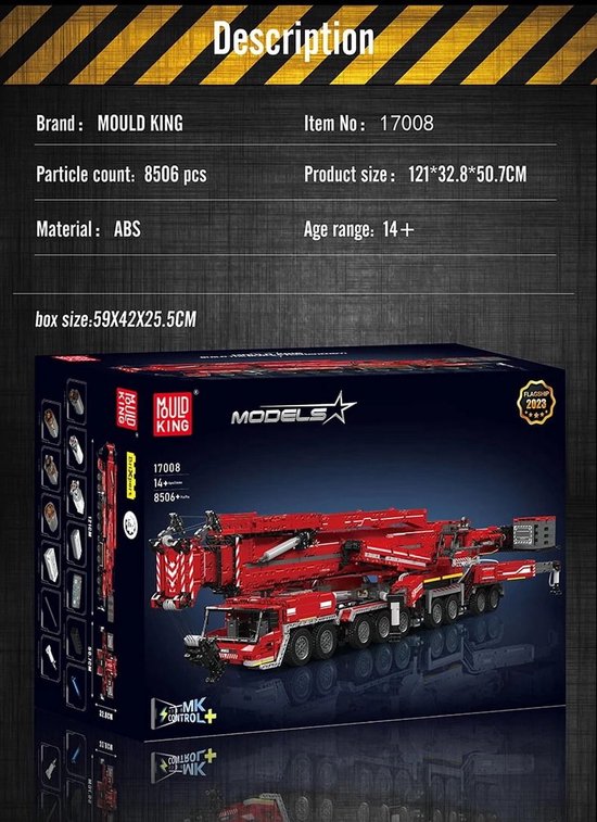 Doos van de Mould King 17008 Liebherr kraan modelbouwset in het rood, 8506 onderdelen.