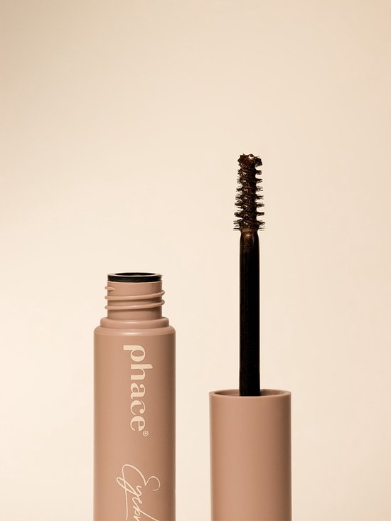Phace Brow Gel in Earth Brown met een taupekleurige verpakking en bruine applicator.