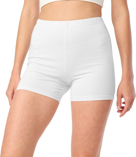 Close-up van een witte, korte, nauwsluitende sportbroek met elastische tailleband.