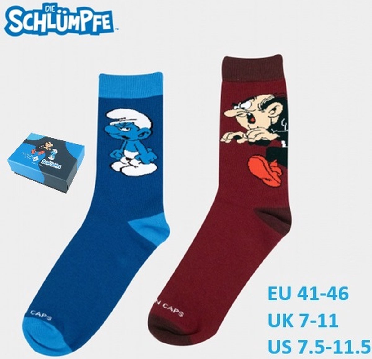 Gargamel en Moppersmurf - 2 paar sokken in geschenkdoos - Volwassenen - Bavarian Caps - Maat 41-46