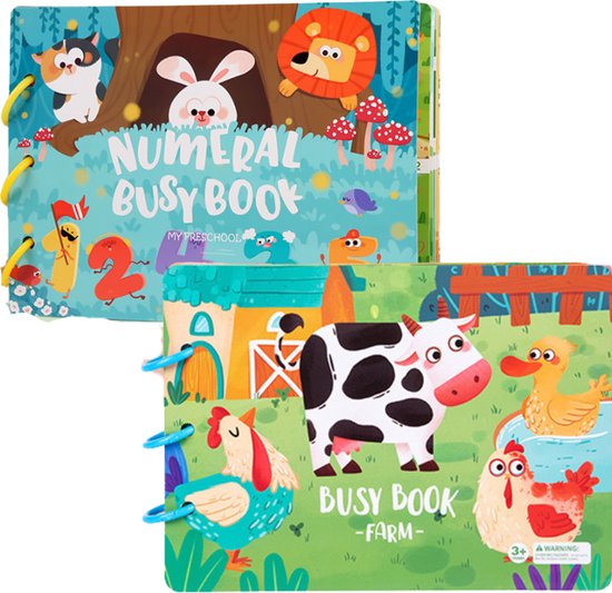 Foto: Joymaxx busy board book boerderij en nummer montessori quiet book set van 2 speelgoed voor peuters sticker boeken