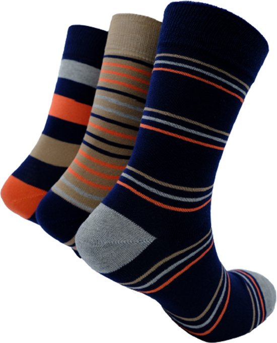 The Sockmaker - Sokken Heren - 3-Pack - Maat 40-46 - Duurzaam Bamboe & Naadloos - Gestreept Navy met Grijs