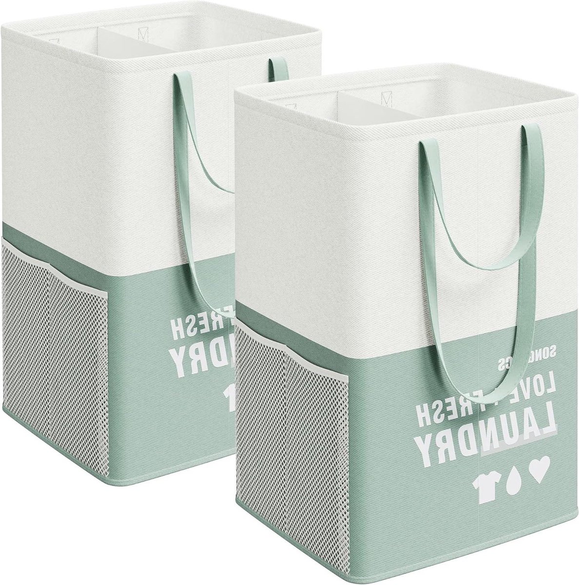 Goedkoopste Wasmand groot 90 l 2 vakken staand opvouwbaar dubbele handgreep voor bijkeuken slaapkamer badkamer muntgroen - Opvouwbare wasmand met dubbele handgreep - set van 2 stuks