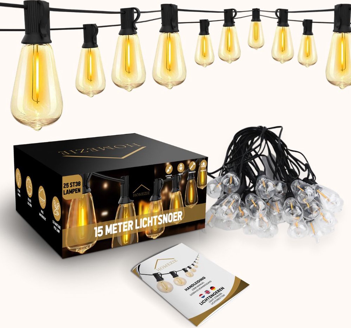 Bol.com Homezie Lichtsnoer 15 meter met 25 grote LED bulbs | IP44 Spatwaterdicht | Warm wit | Koppelbaar & Dimbaar aanbieding