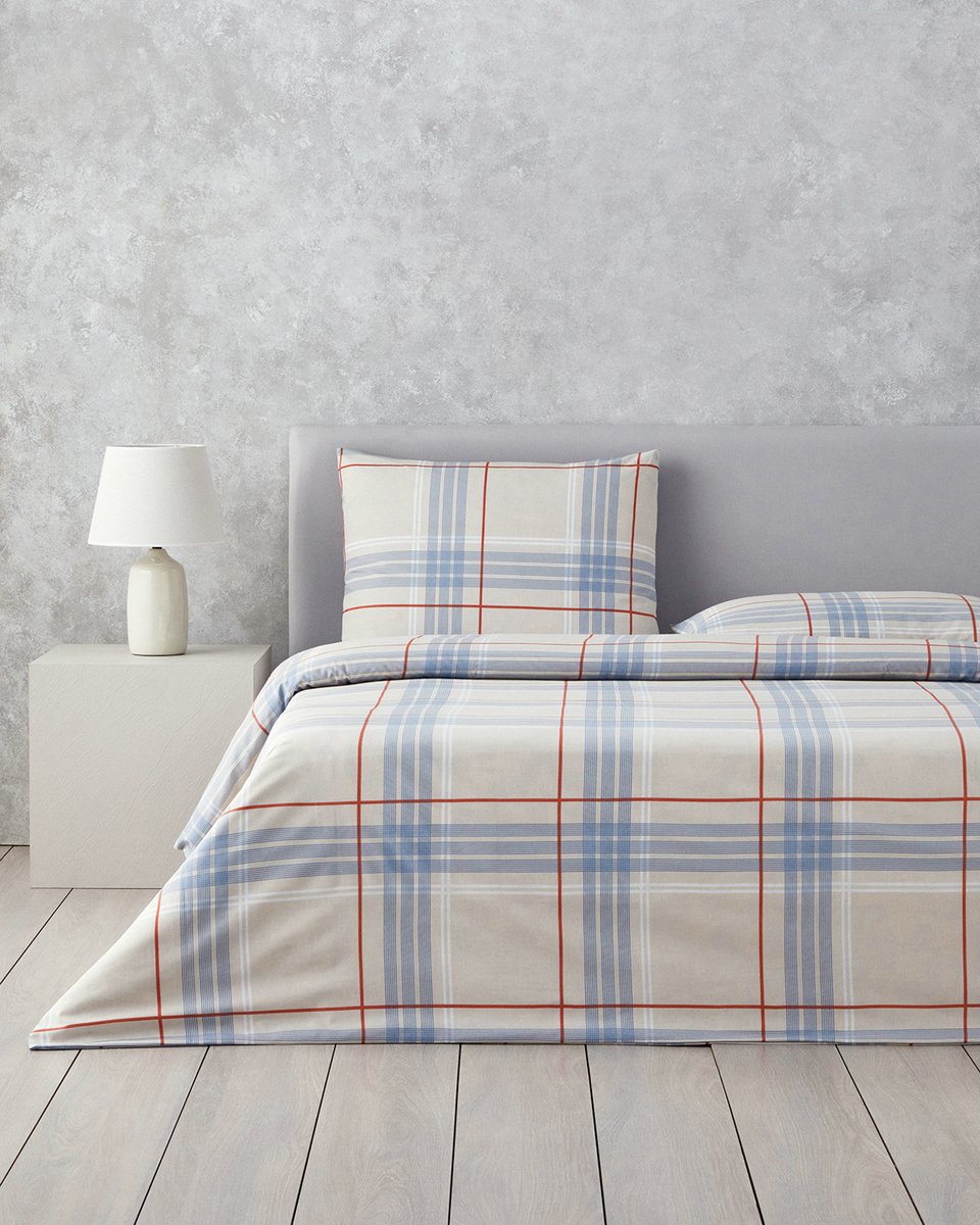 English Home Dekbedovertrekset - Natural Plaid - Easy Iron - 200 x 220 cm - Gestreept -Blauw Beige
