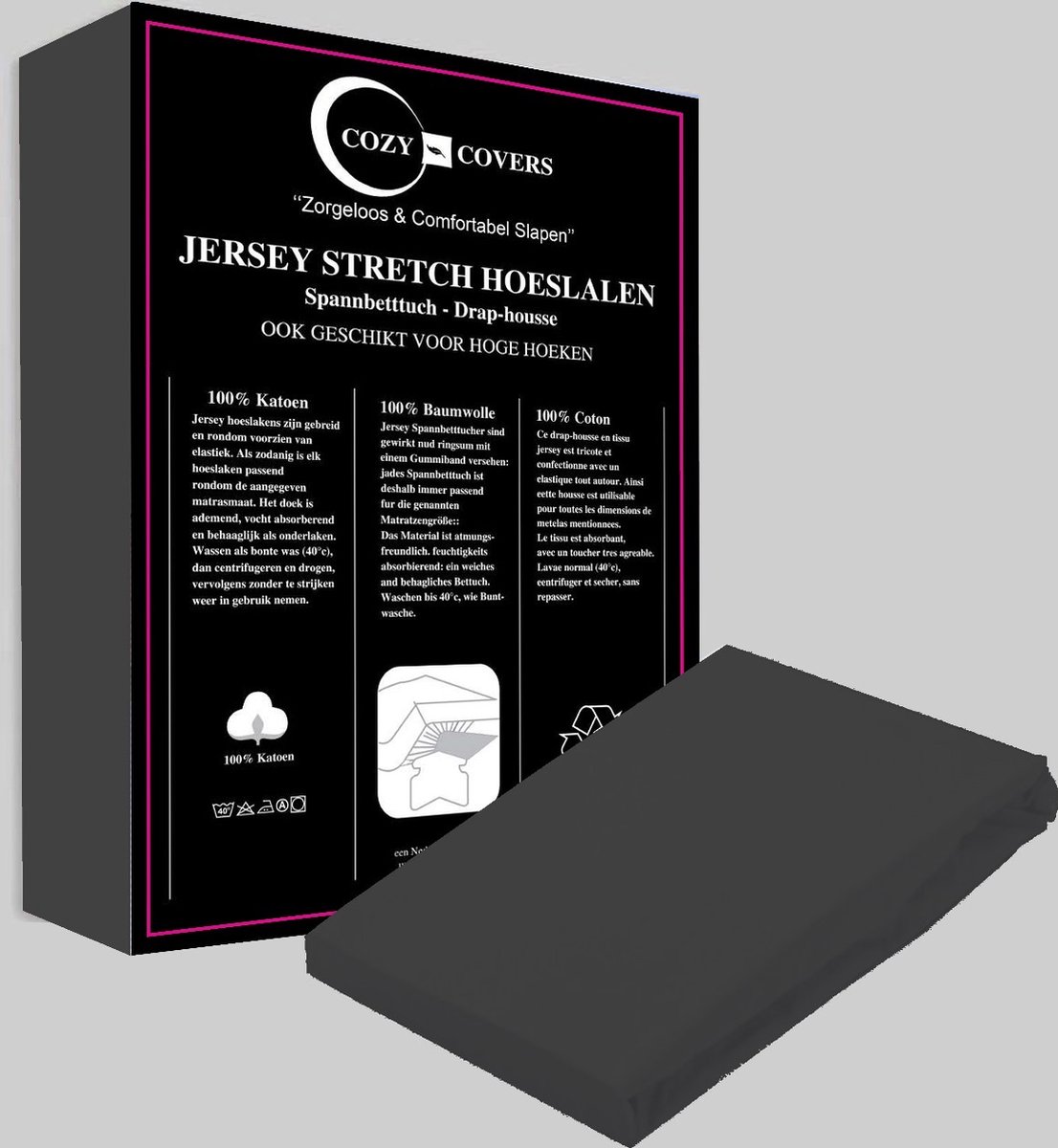 Cozy covers Jersey hoeslaken 100% katoen 90x200 cm - rondomelastiek + 30 cm matrasdikte - antraciet