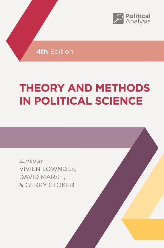 Boek 'Theory and Methods in Political Science', 4e editie. Met een abstract roze en paars ontwerp. Geredigeerd door Vivien Lowndes, David Marsh en Gerry Stoker.