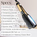Spécifications du fer à lisser 2 en 1 Sansbeauté Classic Black, avec des accents dorés et un écran LED.
