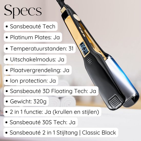 Spécifications du fer à lisser 2 en 1 Sansbeauté Classic Black, avec des accents dorés et un écran LED.