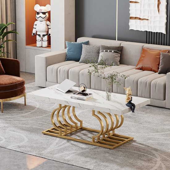 Tribesigns Salontafels Modern - Salontafel met Geometrisch Frame - Bijzettafel Goud - Tafel - Sidetable - Nep-Marmer - 120 x 50 x 50 cm
