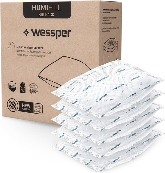 Wessper WES101 Vochtkiller, 2 stuks, luchtontvochtiger, vochtstopper met navulzak, granulaat, kamerontvochtiger, navulbaar, vermindert schimmel en geurtjes (wit