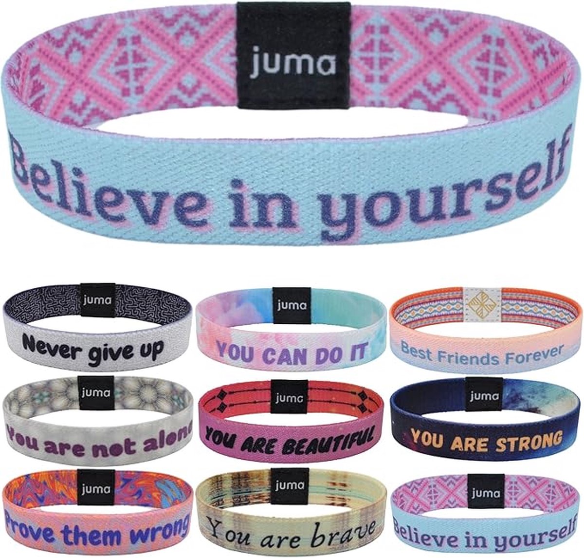 JUMA Motiverende Armbanden met Overtuigingen “Believe in yourself“ - Maat L (19cm) - Geluksbrenger, Vriendschapsarmband en Energiearmband - Geschikt voor Kinderen, Vrouwen, Mannen – perfect Souvenir
