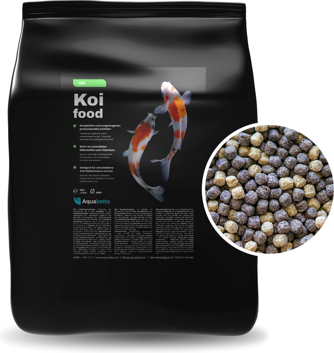 Aquabetta Koivoer 6mm korrel - MIX 8 Kg (21L) - Professioneel Koi vissenvoer voor de zomer - Voor temperaturen boven 10°C