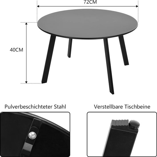 Outsunny Kleine ronde salontafel, bijzettafel voor de tuin, afneembaar dienblad met verhoogde rand, inklapbare poten, stalen frame, voor tuin, balkon, terras, woonkamer, zwart