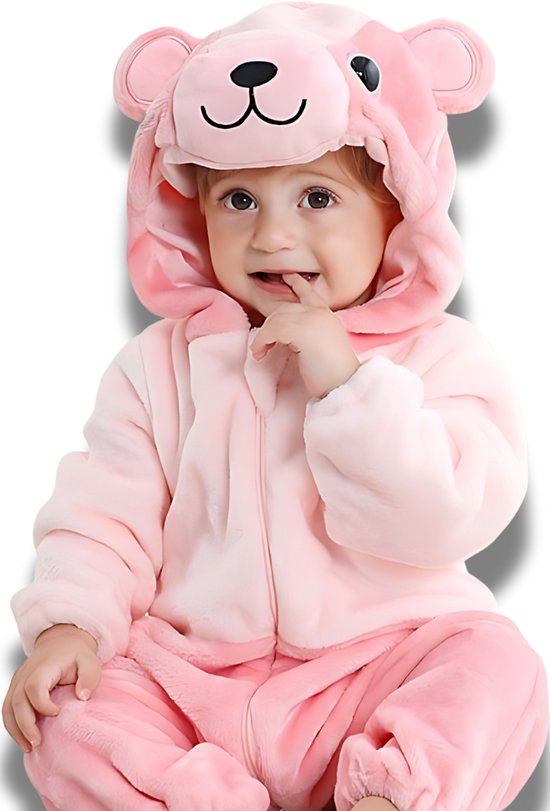 BoefieBoef Beer Roze Dieren Baby Onesie Romper Pyjama - Carnaval - Baby & Peuter Verkleedkleding - Verkleedkostuum - Kinder Dierenpak - Dreumes Kruippak - Boxpak - Baby & Peuter & Kleuter 2 tot 4 jaar