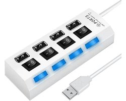 HI Speed 4-Poorts USB 2.0 Hub I Hub Splitter I Aan/Uit Switch I LED I Tot 480 MB/s I Wit