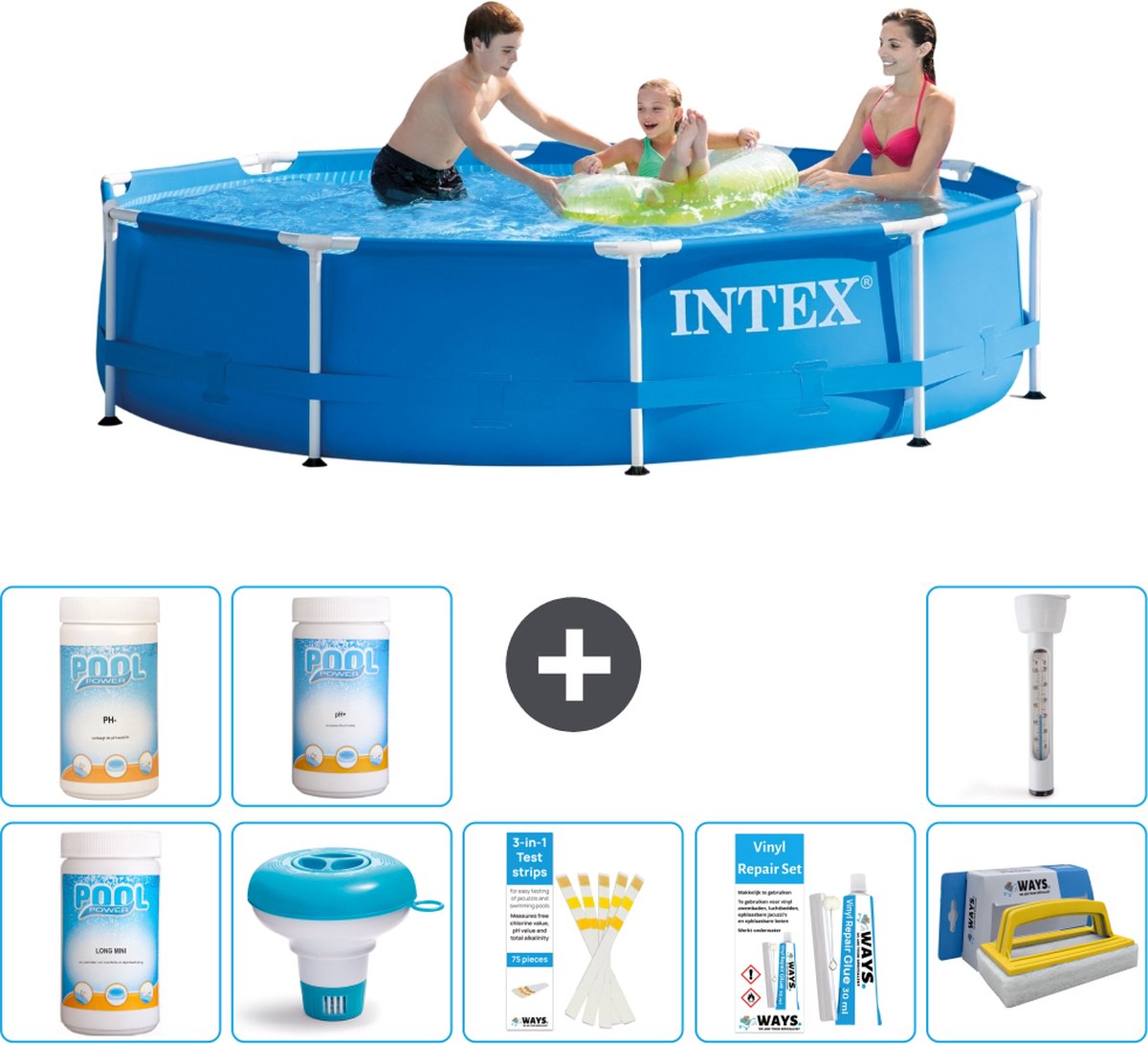 Intex Rond Frame Zwembad - 305 x 76 cm - Blauw - Inclusief Chloor - Chloordrijver - Testrips - Reparatiesetje - Scrubborstel - PH-waarde - PH-waarde - Thermometer