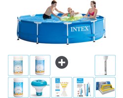 Intex Rond Frame Zwembad - 305 x 76 cm - Blauw - Inclusief Chloor - Chloordrijver - Testrips - Reparatiesetje - Scrubborstel - PH-waarde - PH-waarde - Thermometer