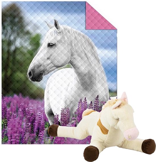 Bedsprei - Wit Paard - 170x210 cm - Polyester - inclusief pluche paard Wendy