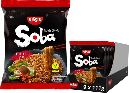 Nissin Soba Bag Chili Noodles - Wok Style Instant Noedels - Vegan - 9 stuks