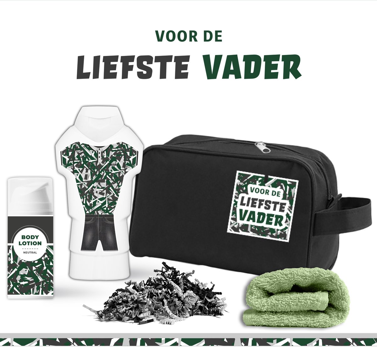 Goedkoopste Geschenkset Voor de liefste vader - 4 Producten - 450 Gram | Toilettas zwart - Douchegel & Bodylotion - Man - Stoer Wellness Pakket voor hem - Vaderdag - Verjaardag Vader - Giftset - Beste Papa - Allerbeste - Sterkste - Stoerste - Liefste Vader