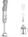 Grijze Tefal staafmixer met toebehoren: maatbeker, garde en hakmolen.