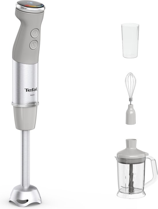 Grijze Tefal staafmixer met toebehoren: maatbeker, garde en hakmolen.