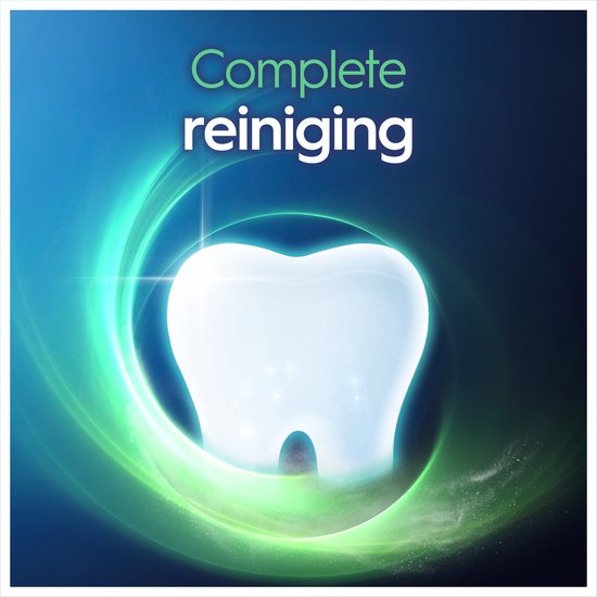 Lichtgevende witte tand in groene cirkels. "Complete reiniging".