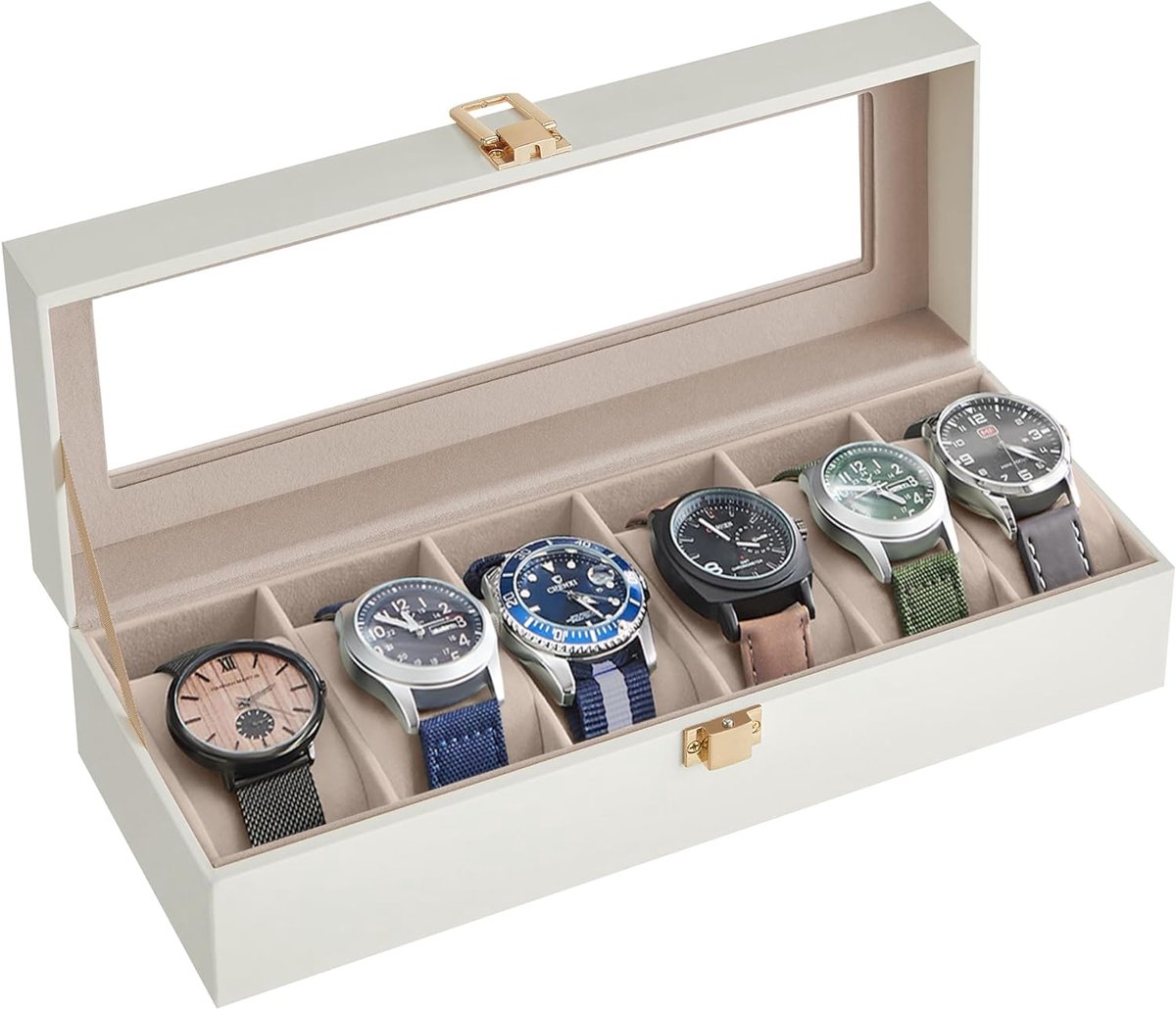 Horlogedoos met 6 sleuven, horlogekast met glazen deksel, horlogevitrine met verwijderbare horlogekussens - Wolkwit synthetisch leer - Cappuccinobeige voering - JWB006W01