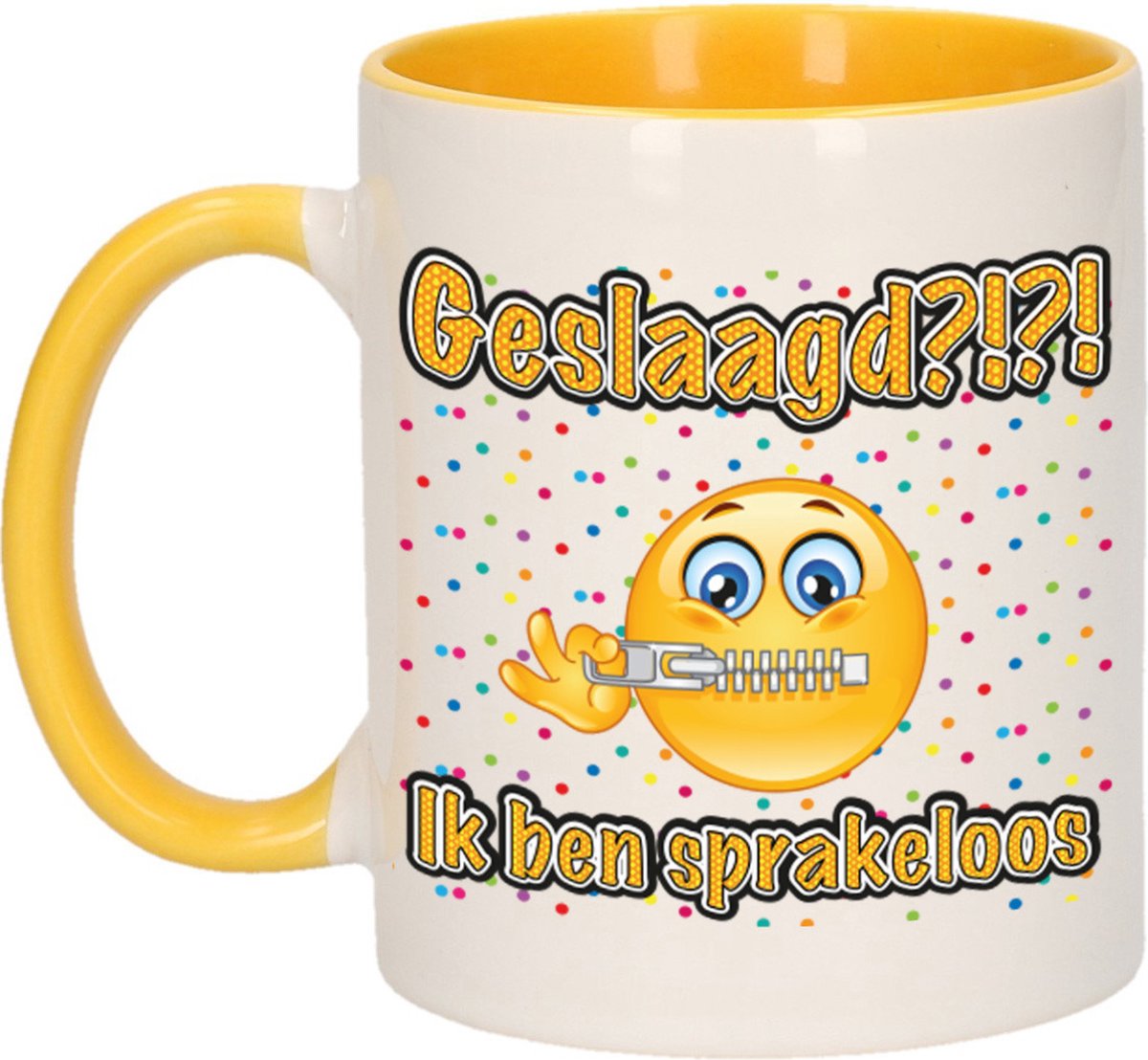 Bellatio Decorations Geslaagd cadeau mok - geel - Geslaagd?!?! Sprakeloos - Ca. 300 ml
