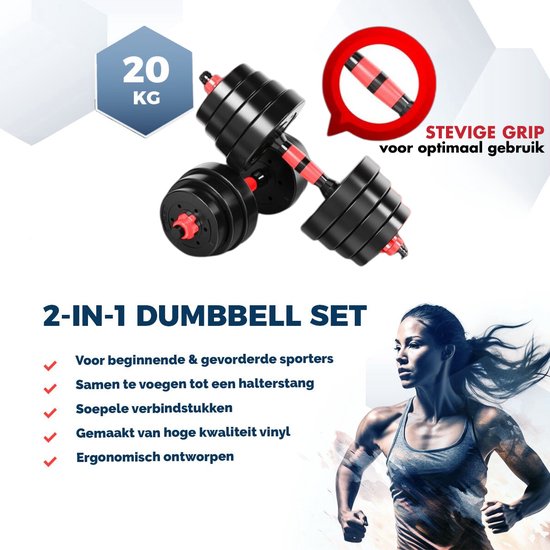 SOUTHWALL Dumbbells set Verstelbaar met halterstang tot 20kg – Halterset – Verstelbare Halterset – Fitness Stang – Fitness Gewichten Set – Professionele 2-in-1 Dumbbellset – Gebruiksvriendelijk – Multifunctioneel – Dumbell set 20 kg – Rood/Zwart