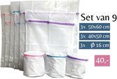 Wasnetten met rits - Set van 9 - 60 x 50 cm - 50 x 40 cm - Ø 16 cm - Inclusief verzenden - Ritssluiting - Wasnetjes - Washing Bag - Waszakken - Wasnet - Wasnetten - Transparant - Wit - 100% polyester - Bescherm je wasgoed en wasmachine