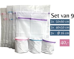 Waszak - Wasnetten met rits - Set van 9 - 60 x 50 cm - 50 x 40 cm - Ø 16 cm - Incl. verzenden - Ritssluiting - Wasnetjes - Washing Bag - Waszakken - Wasnet lingerie bh - Transparant - Wit - 100% polyester - Bescherm je wasgoed en wasmachine
