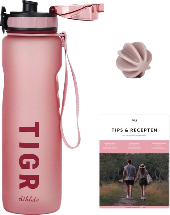 Foto: Tigr athlete drinkfles 1 liter ros goud volume indicator met ebook en mengbal voor shakes